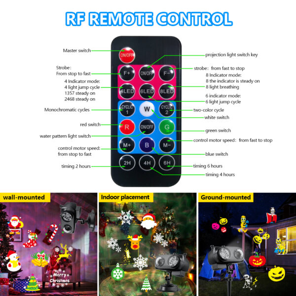 12 Christmas projection lights with remote control both indoors and outdoors, creating a festive atmosphere that covers major holidays throughout the year