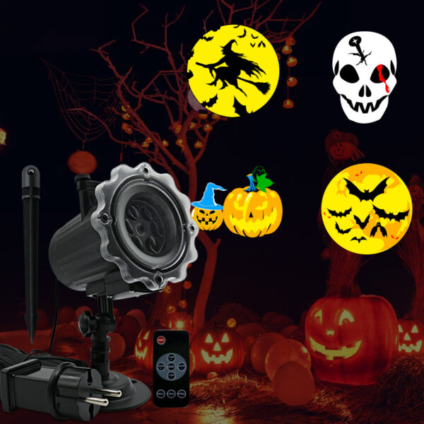 LED Holiday Projector Light with Halloween witch, pumpkin and skull patterns, waterproof outdoor light with remote control for Halloween party and home decoration