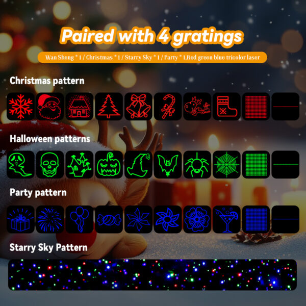 5 Laser projection light, switchable between Halloween, Christmas, starry sky, and party themes