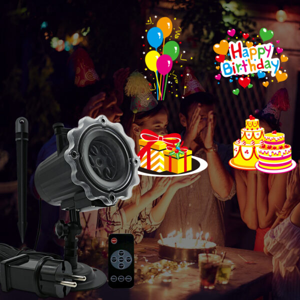 LED Holiday Projector Light with Happy Birthday patterns, waterproof outdoor light with remote control for birthday party and home decoration