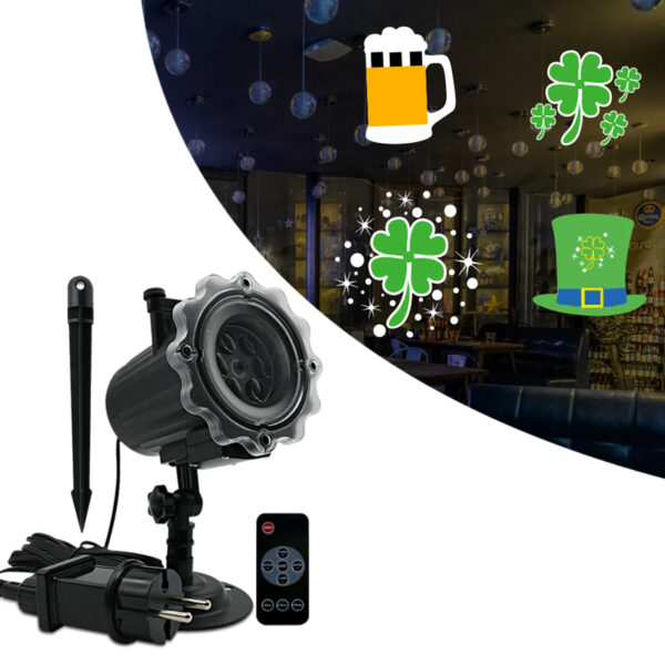 LED Holiday Projector Light with St. Patrick's Day patterns, waterproof outdoor light with remote control for party and bar decoration