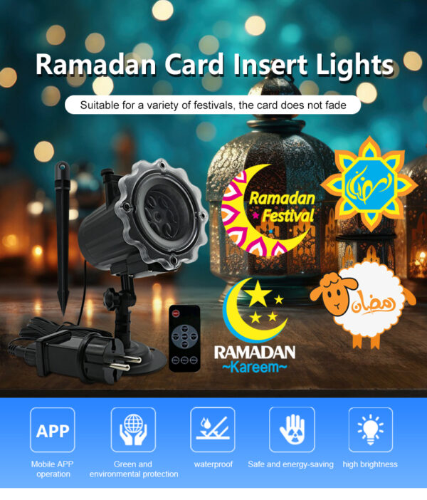 Ramadan Kareem LED projection light with interchangeable cards, mobile APP control, waterproof, safe energy-saving, high brightness for Muslim festival decor