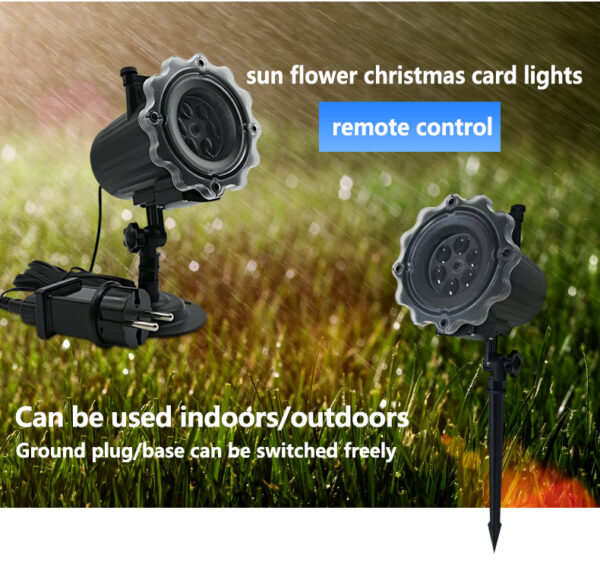 Remote-controlled sunflower Christmas LED projection lights, IP44 waterproof for indoor/outdoor use, with interchangeable ground stake and base for holiday decor